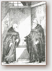 Beato Giuseppe degli Atti e Beato Bartolo Simonetti, incisione del sec. XVII conservata nellarchivio del monastero di San Silvestro in Montefano.